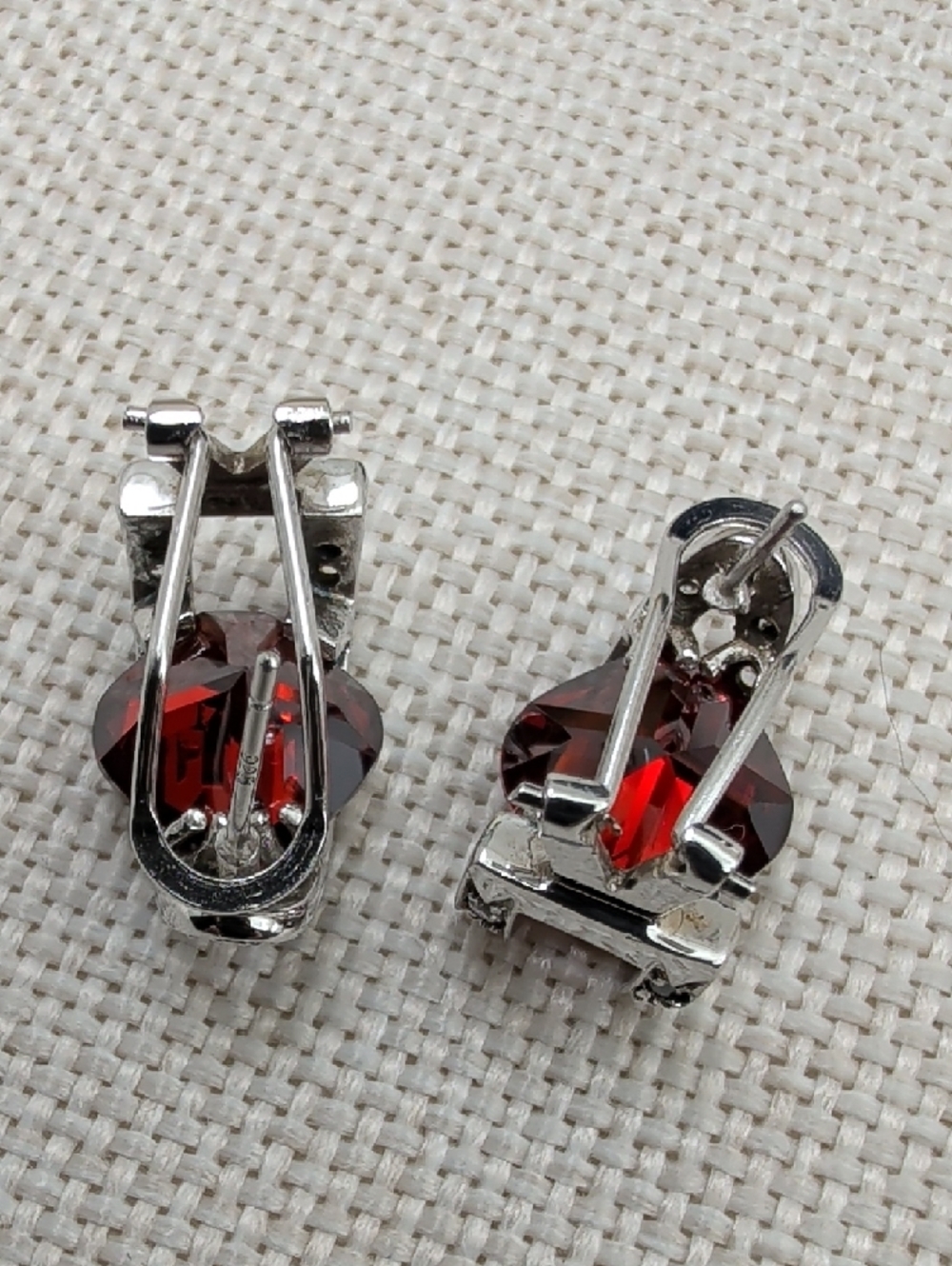 Vintage 925 Sterling Silver Garnet Half Hoop Lever Back Earrings - Picture 9 of 17